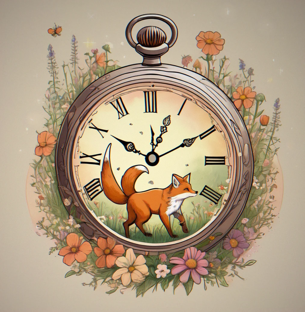 Soft illustration of a pocket watch with flowers growing around it instead of numbers