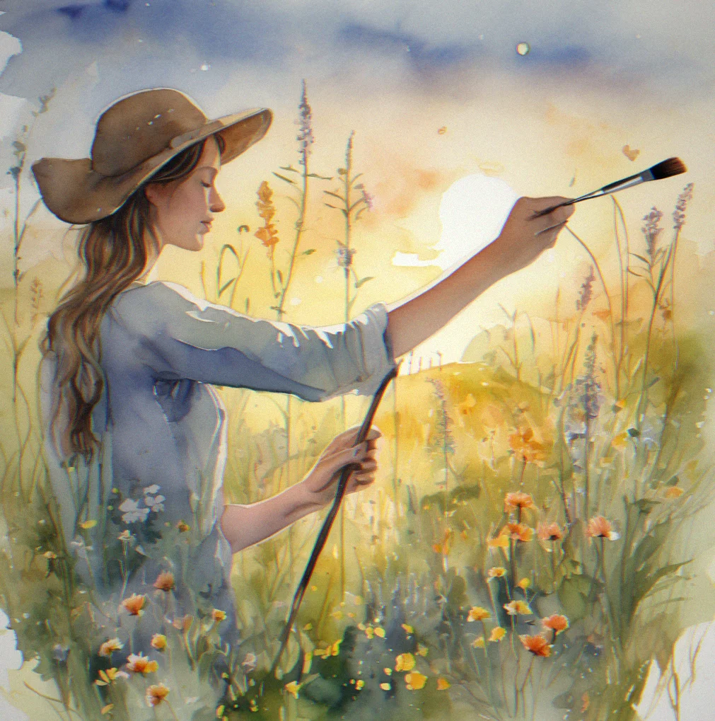 Watercolor painting of an artist's hand holding a brush over a canvas with delicate landscape strokes