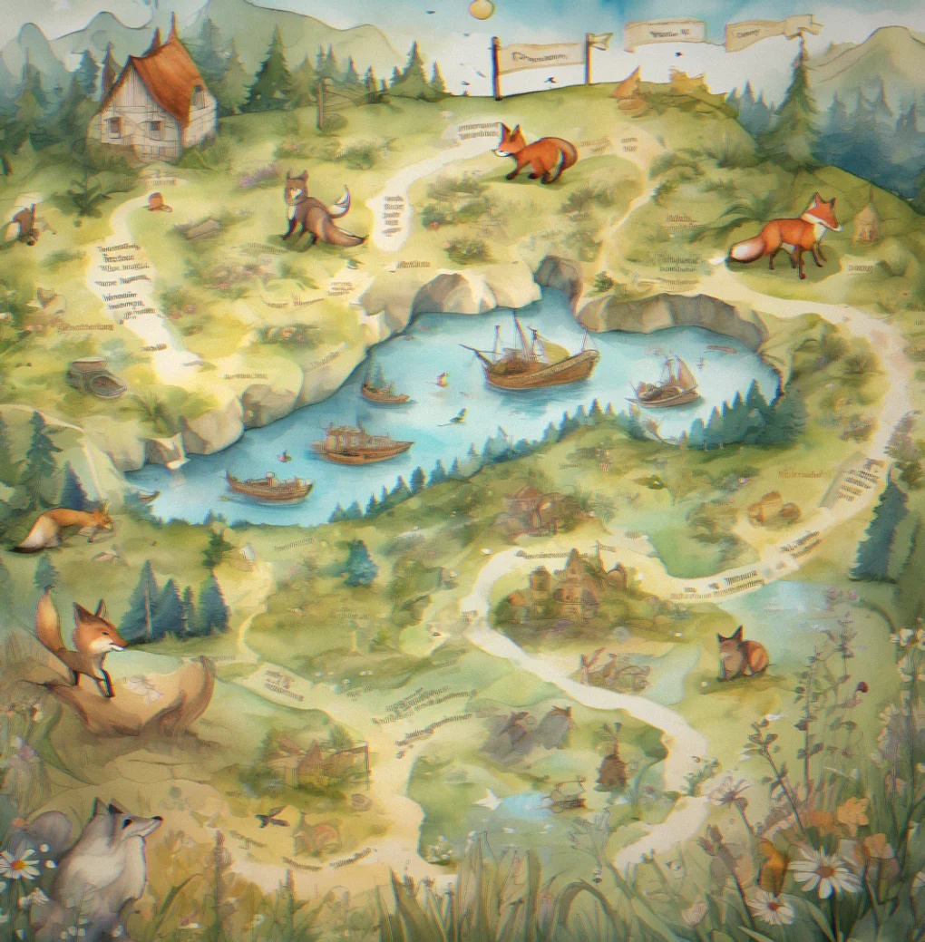 Illustration of a treasure map unfolding with watercolor details revealing hidden paths and landmarks
