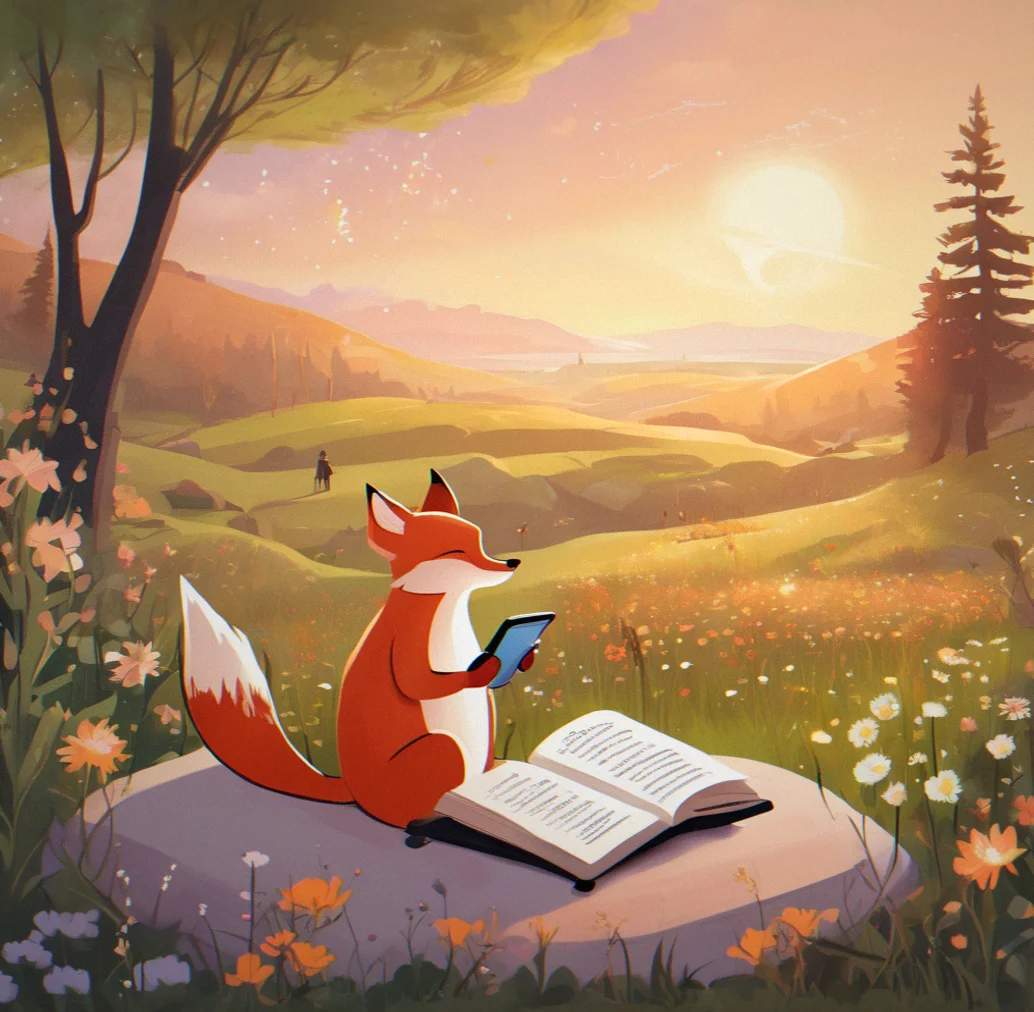 Illustration of a cozy reading nook with a steaming mug and a digital device showing a peaceful landscape