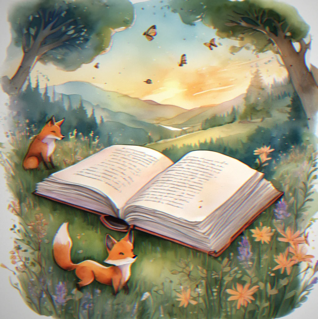 Illustration of an open book with a bookmark, pages filled with watercolor scenes of completed adventures