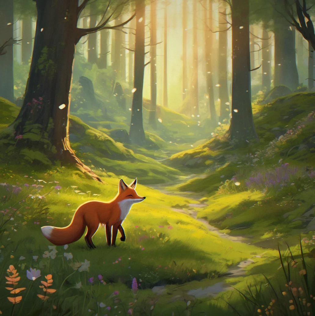 A forest clearing with tall trees and soft light coming through. Moss covers the ground. Someone small is walking through it.