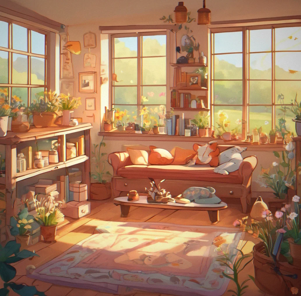 Inside a home that feels lived in. Shelves hold things people have collected. The furniture is comfortable. Light comes through the windows and everything is warm.