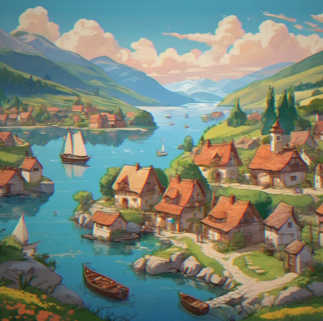 A village by the water with stone houses and boats in the harbor. Roads wind between the buildings. Mountains sit across the water.