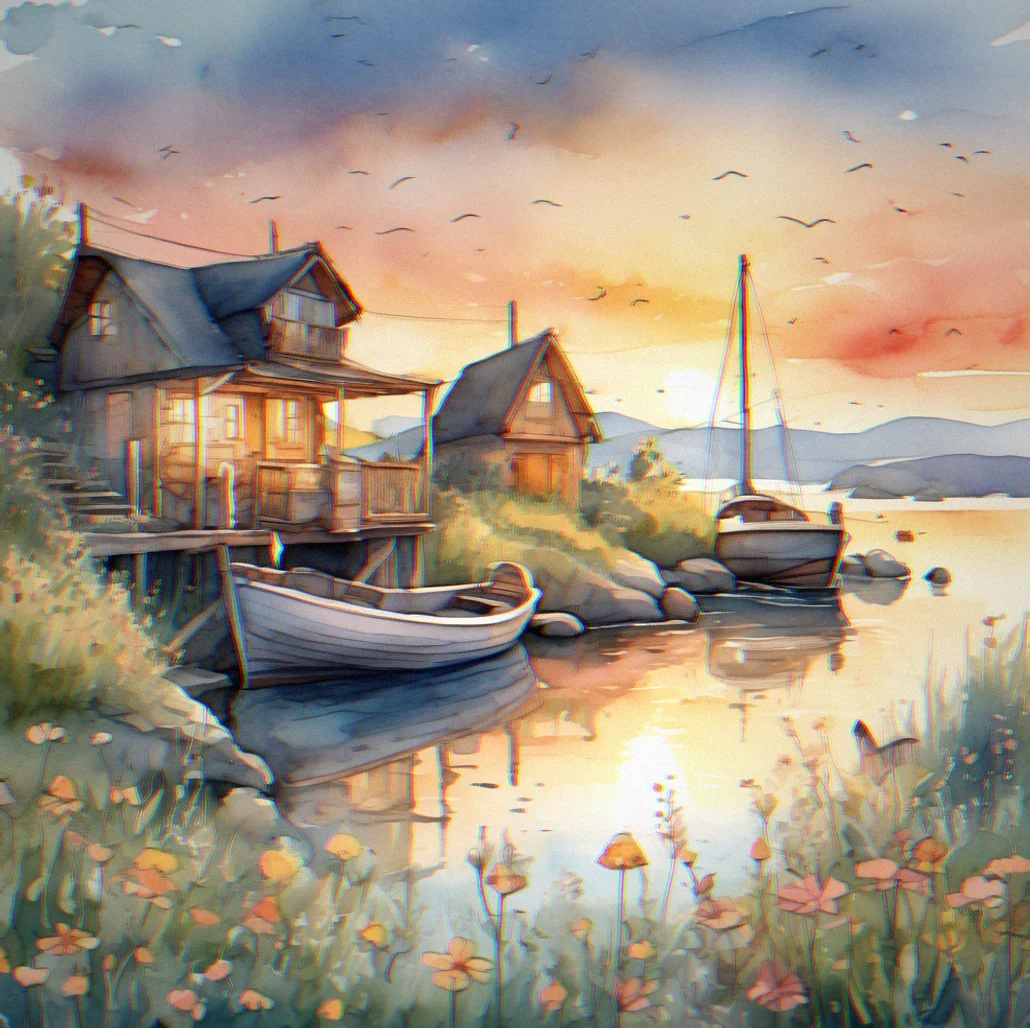 Watercolor illustration of a fishing boat docked at a coastal village with sailboats in the distance and a warm sunset