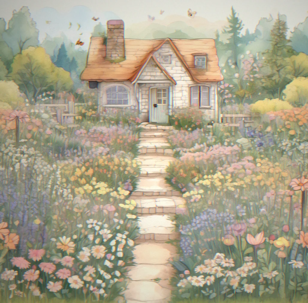Hand-drawn garden layout with blooming flowers, raised beds, pathways, and a small cottage in soft pastel colors