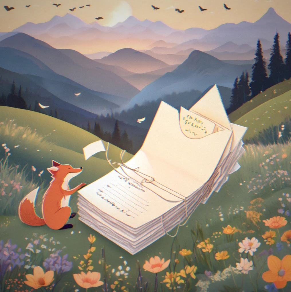 Illustration of stacked envelopes and letters tied with twine, set against misty mountain peaks at dusk