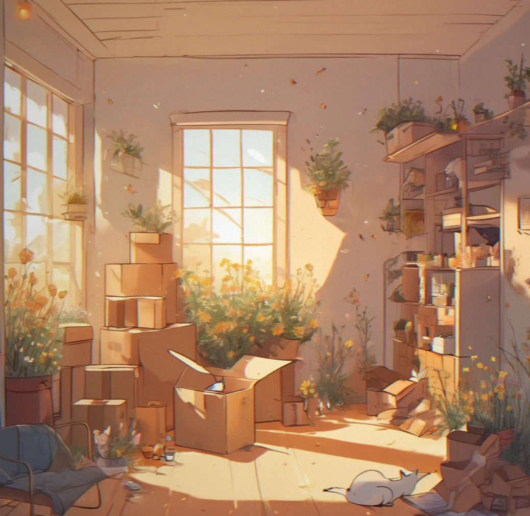 Interior illustration of an empty studio apartment with cardboard boxes, sunlight streaming through windows and scattered personal items