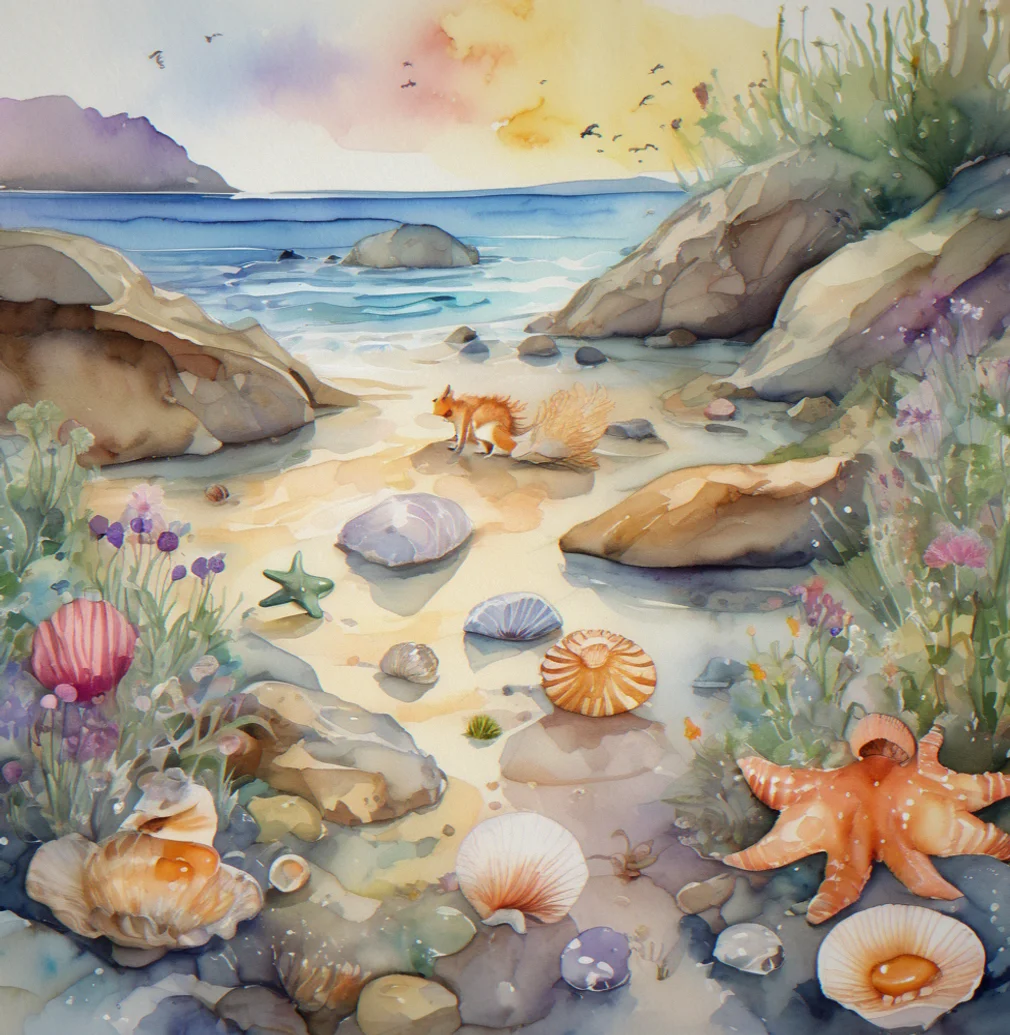 Watercolor painting of shallow tide pools with colorful sea creatures, shells, and anemones surrounded by smooth rocks