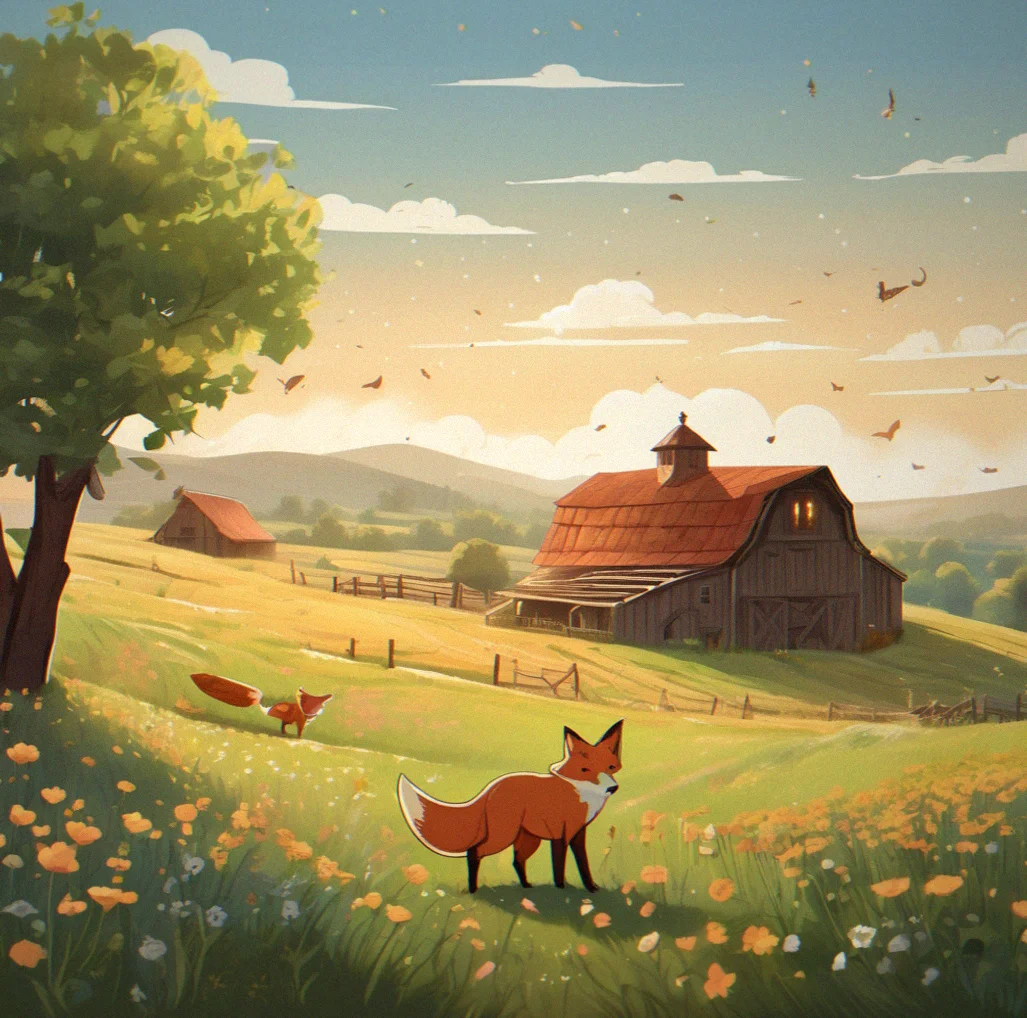 Illustration of a rustic farmstead with fields of crops, trees, a barn, and rolling hills under a gentle sky