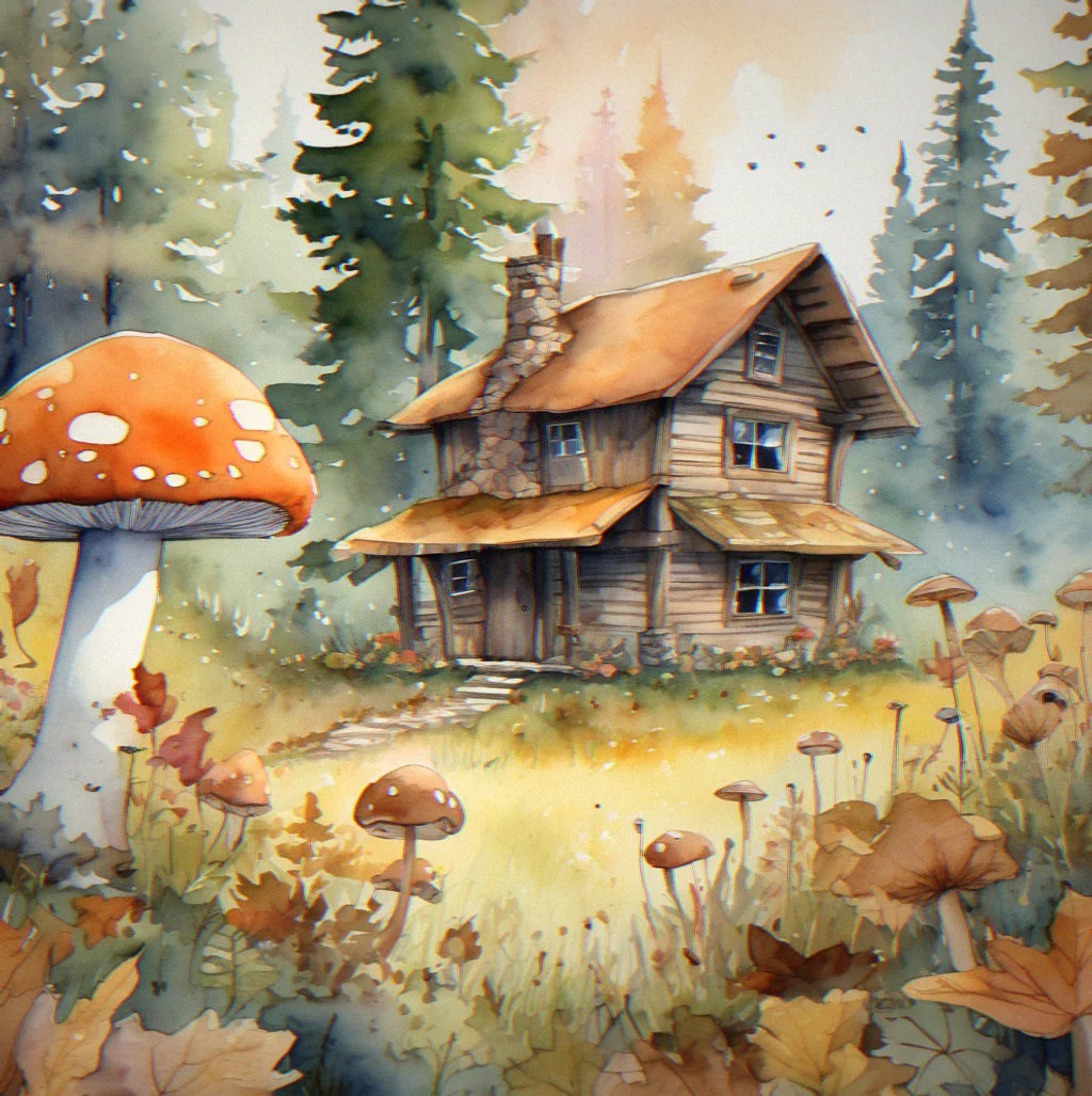 Watercolor painting of a quiet forest clearing with mushrooms, a small cabin, and autumn leaves drifting down through the air