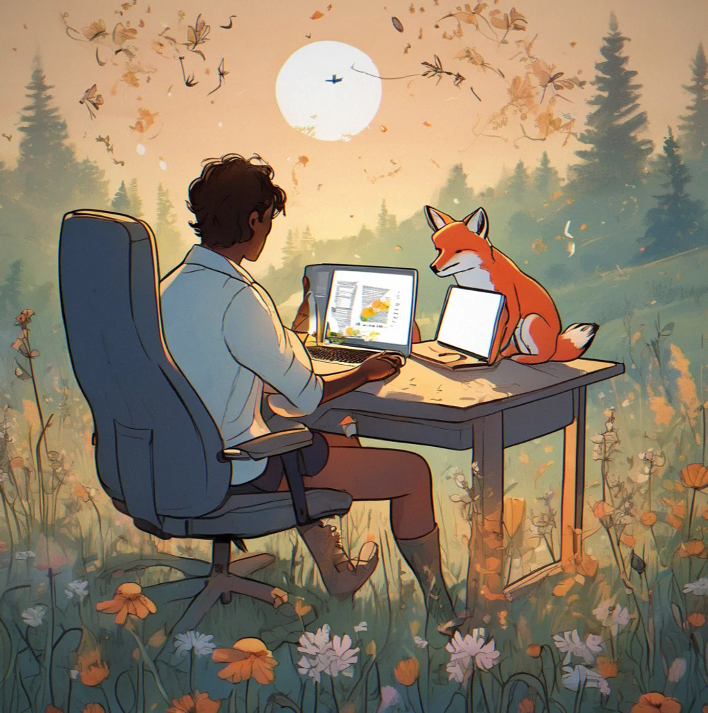 Illustration of a burnt-out office worker at a desk, then the same person relaxed on a couch holding a mobile device with a peaceful expression