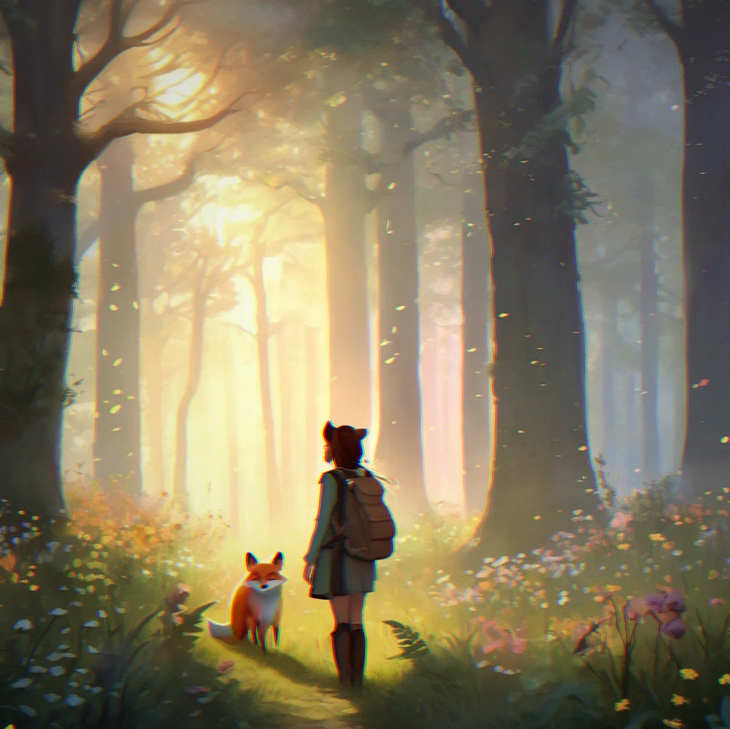 A character standing in a misty forest at dawn, soft light filtering through trees with wildflowers at their feet