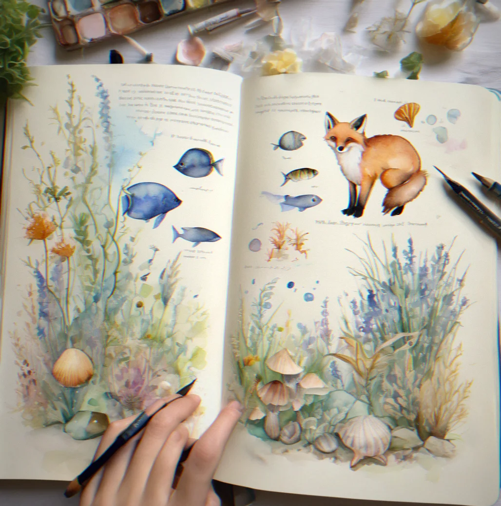 An open journal filled with sketches of sea creatures, shells, and maritime objevts in watercolor
