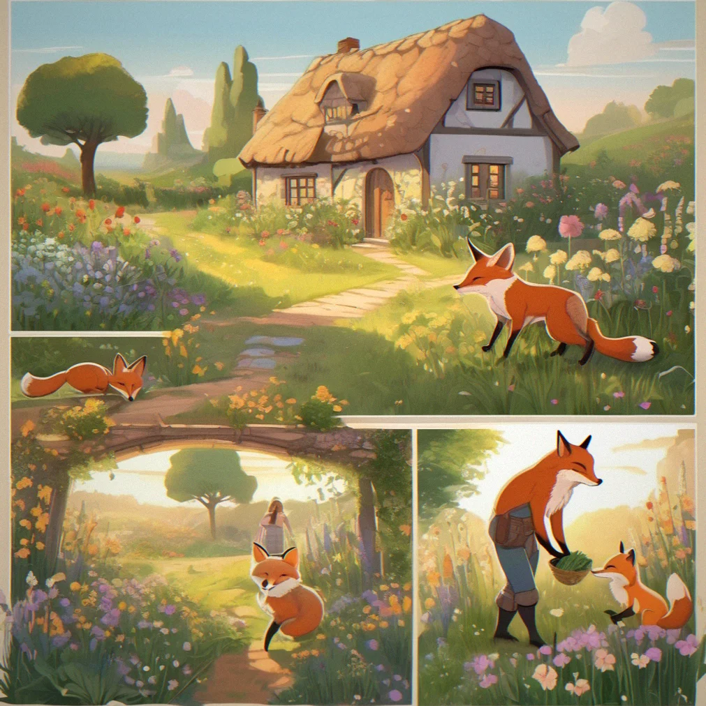 A small cottage surrounded by gardens with vegetable patches and flowering plants, someone harvesting at golden hour