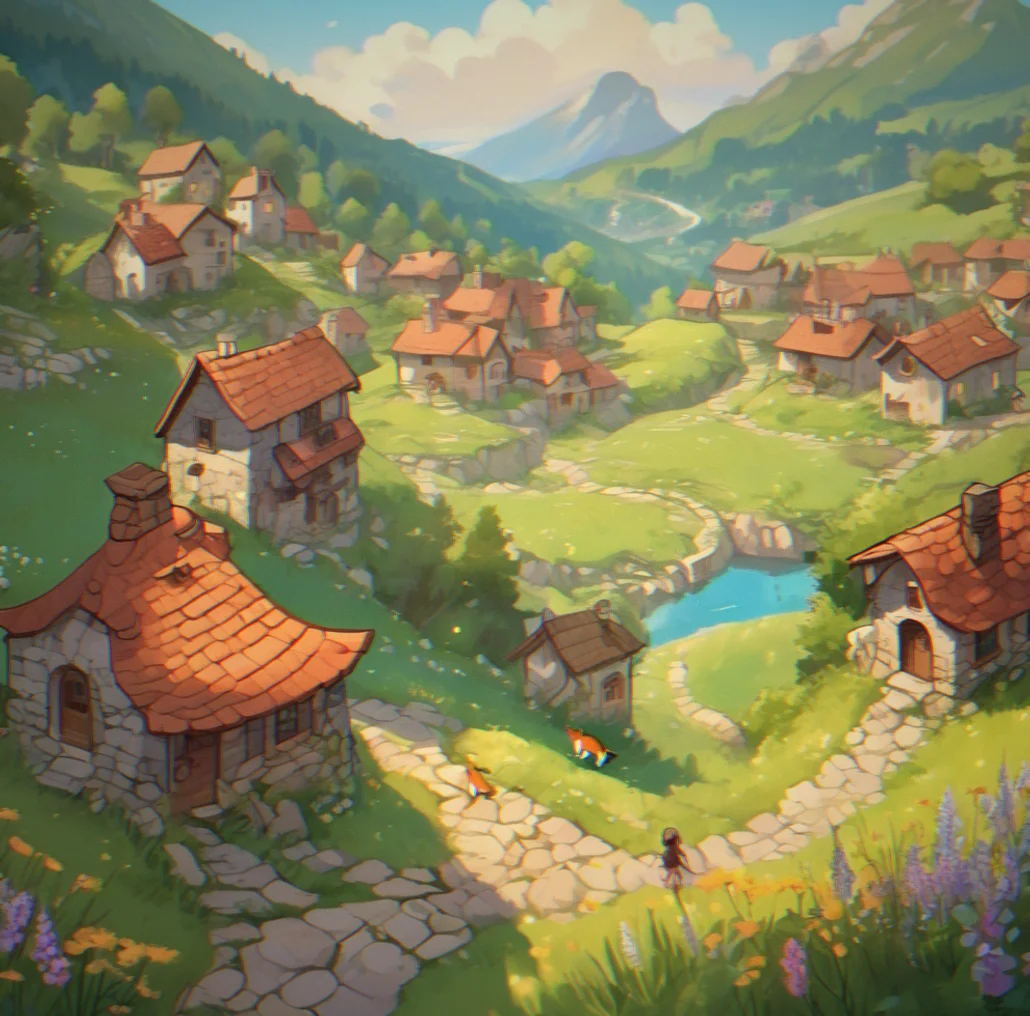 A mountain village with winding paths, stone buildings with lit windows, and a character delivering letters between houses