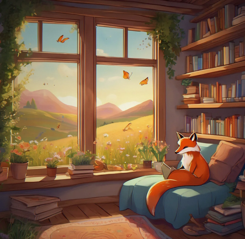 A cozy reading corner with a window overlooking rolling hills, shelves lined with collected items, warm lighting throughout
